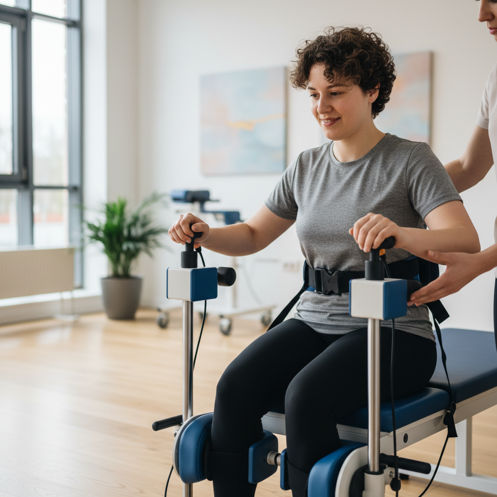 Person with disability receiving rehabilitation support and assistive devices