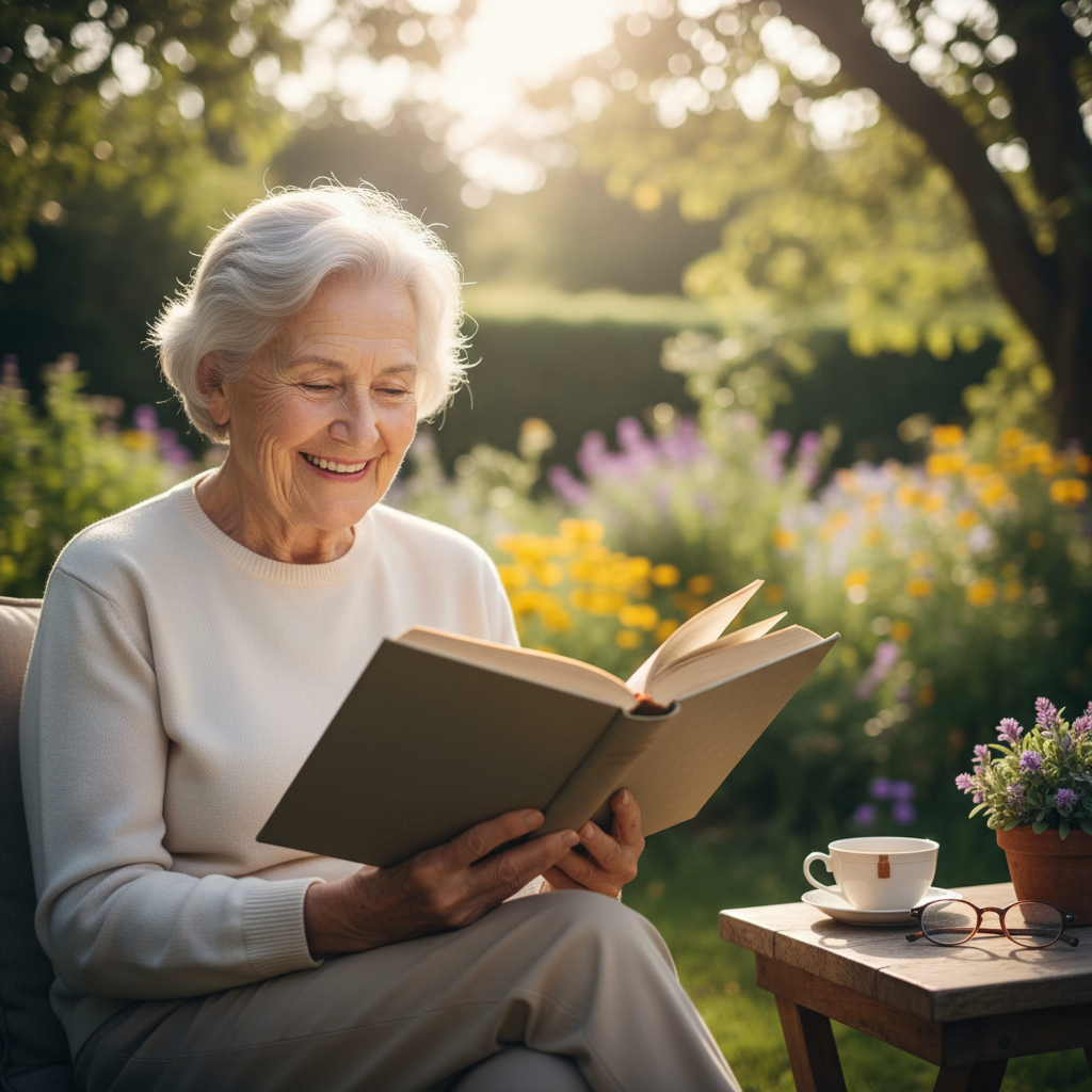 Elderly person reading with sharp focus, bright natural light, brain health and longevity concept, warm tones