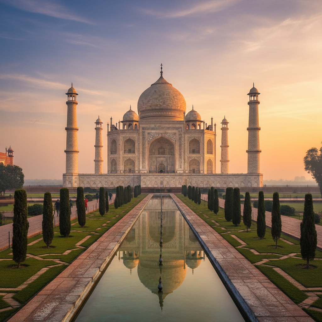Taj Mahal at sunrise with golden light — centerpiece of the Golden Triangle tour