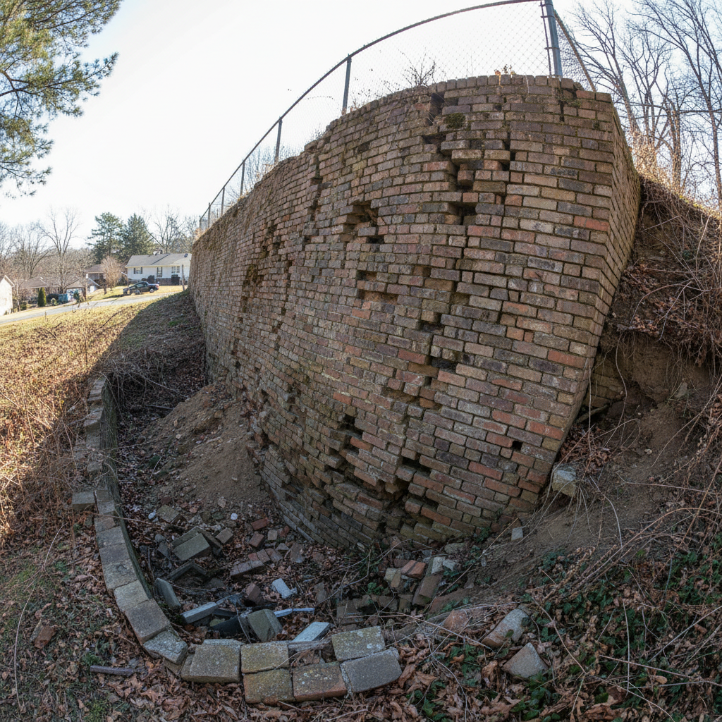 Leaning brick retaining wall before structural rebuild showing dangerous outward tilt