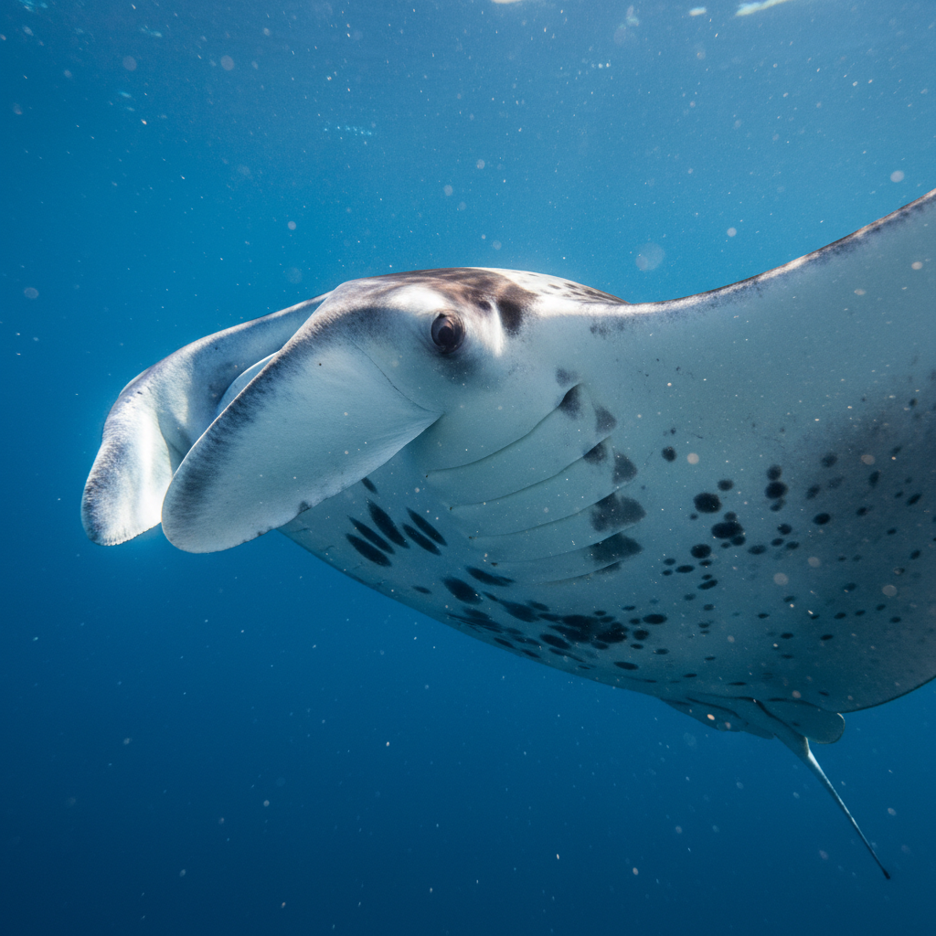 Oceanic manta ray close-up during manta ray awareness specialty dive
