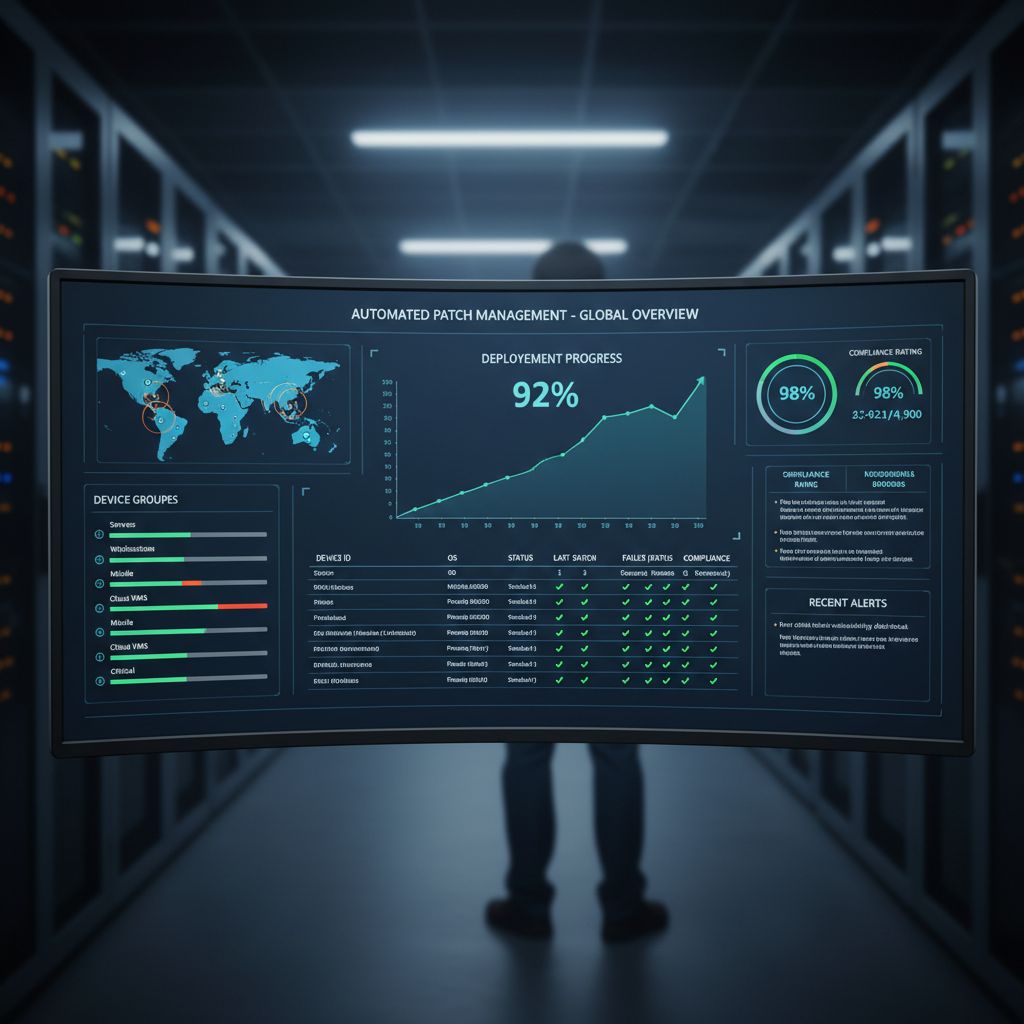 IT dashboard showing automated patch deployment status across a fleet of managed devices with compliance indicators