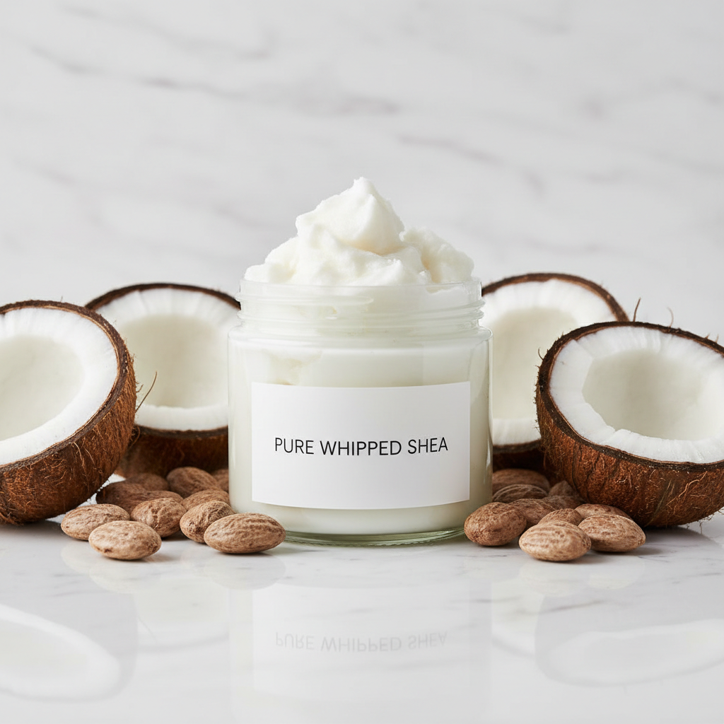 Natural shea butter skincare products in glass jars on wooden surface