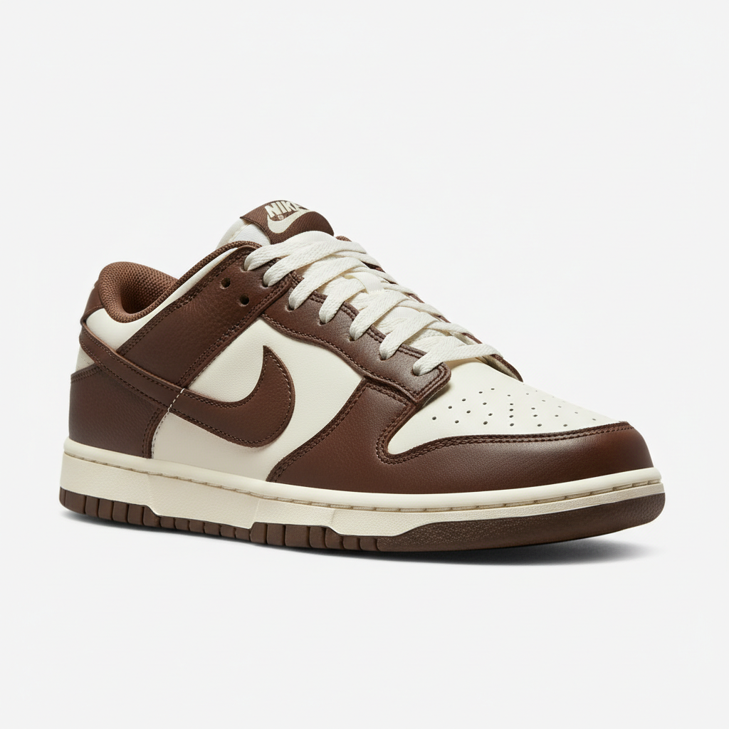 Nike Dunk Low colorway with leather upper on dark moody studio background