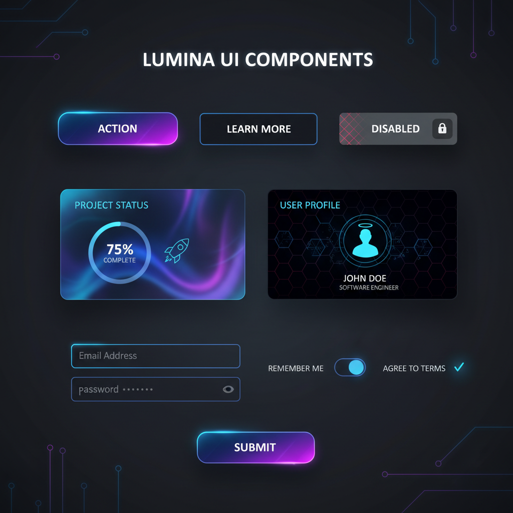 Lumio UI Kit main preview showing component library with cards, buttons, and navigation elements on dark background
