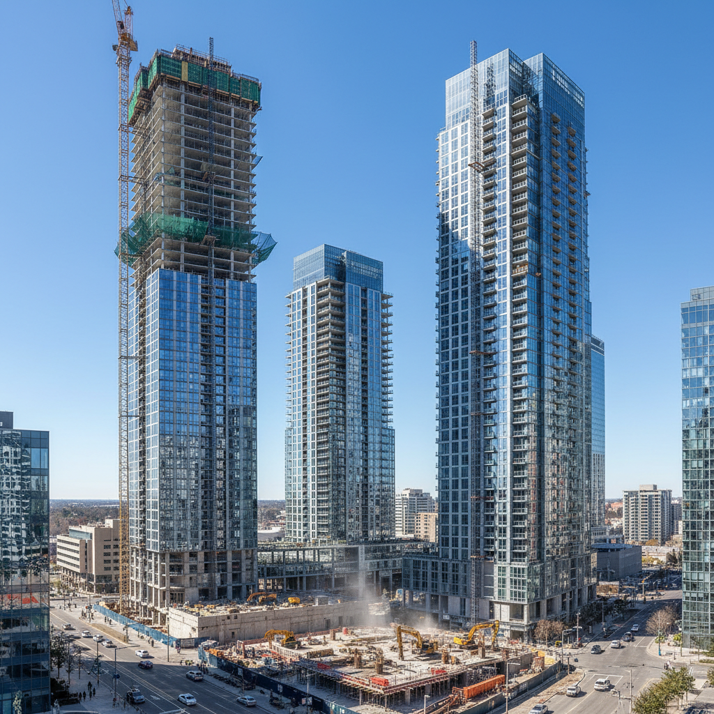 Modern residential building under construction, concrete frame, clear blue sky