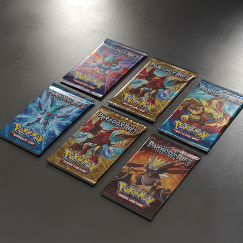 Single Pokémon booster pack on dark surface with metallic sheen
