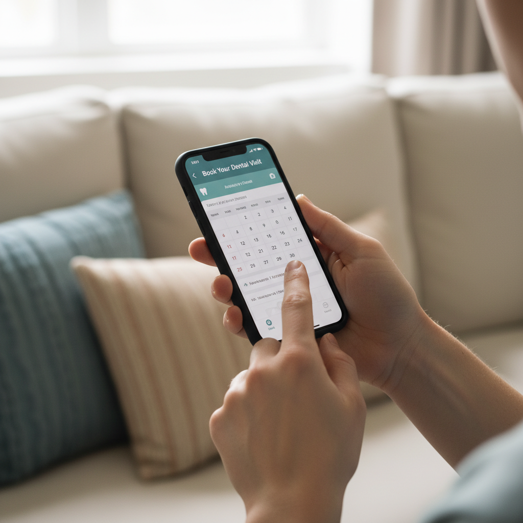 Person using smartphone to book a medical appointment, bright airy home setting, calm and relaxed expression