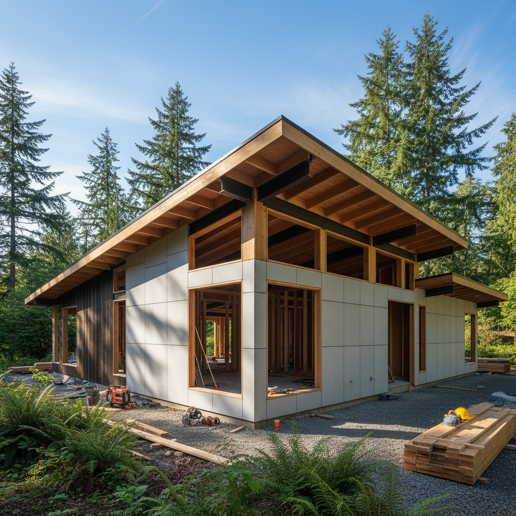 Bright exterior of a modern home addition with large glass windows, clean architecture, open sky daytime setting