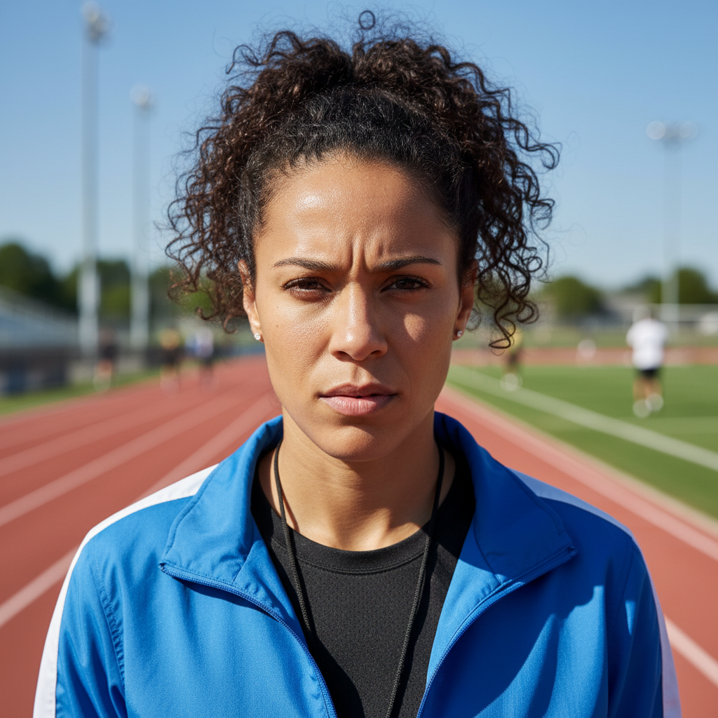 Portrait of Mia Hartwell, Schuss head coach, in trackside gear