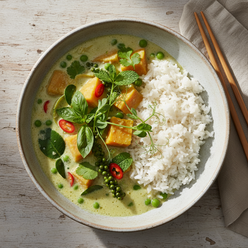 Coconut green curry bowl with jasmine rice, sweet potato, and pea shoots from above