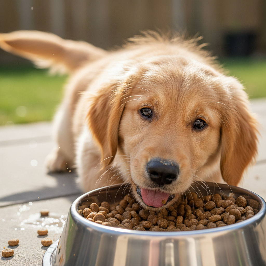 Happy puppy eating from a bowl, healthy and energetic