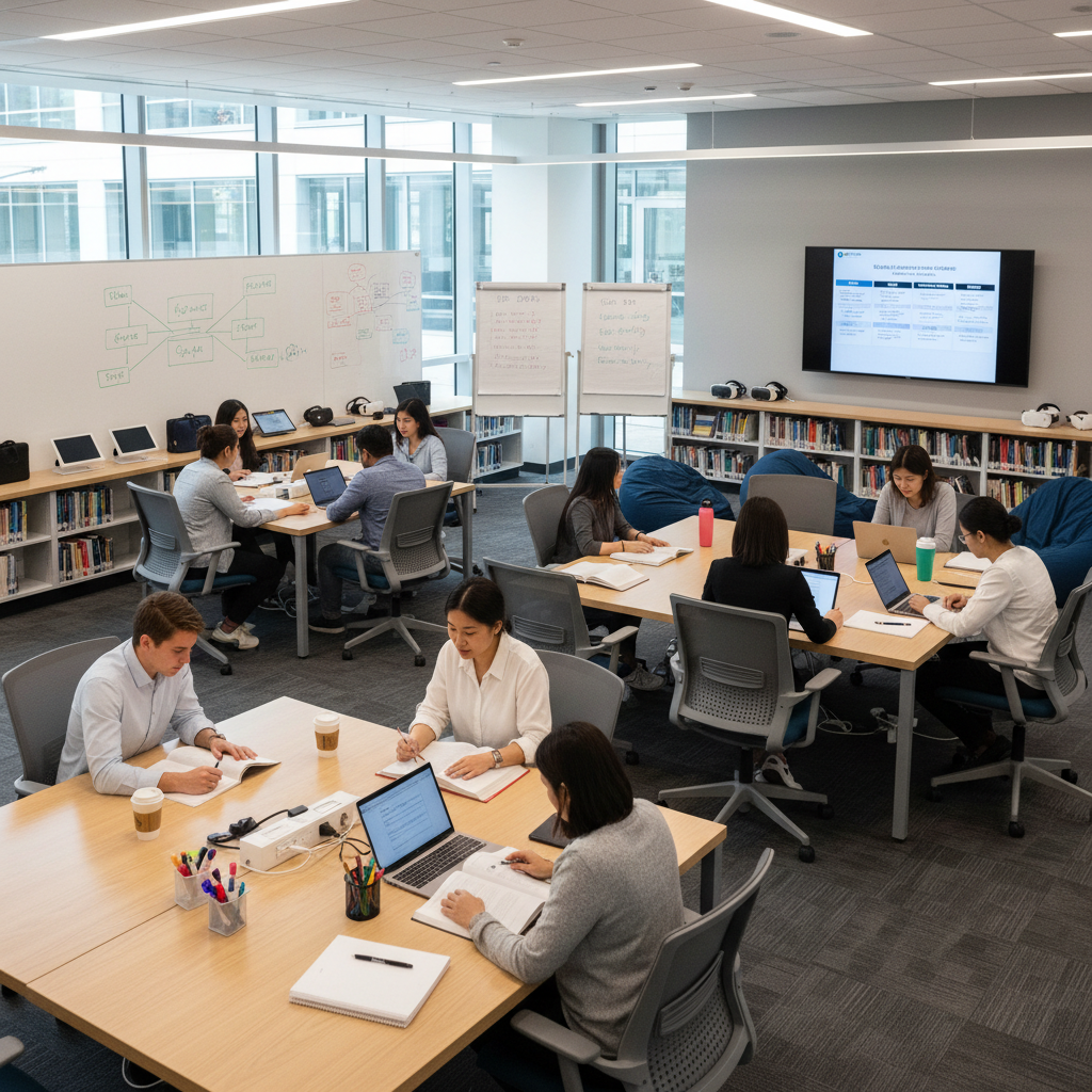 Students collaborating on laptops in a modern study space