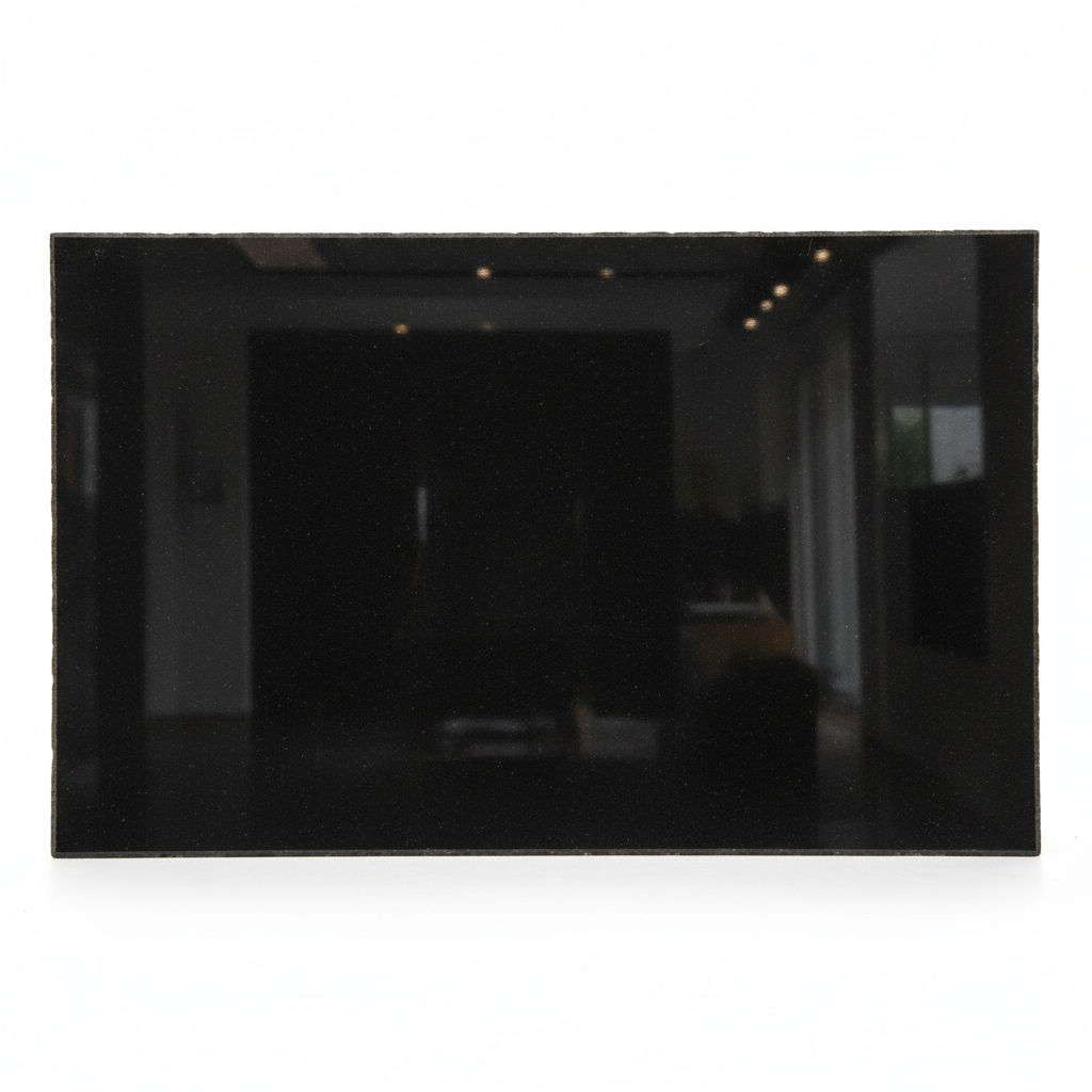 Absolute black granite slab with mirror polish finish showing deep uniform black surface