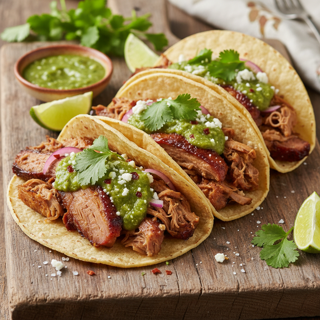 Colorful street tacos with grilled chicken, salsa verde, and lime on corn tortillas