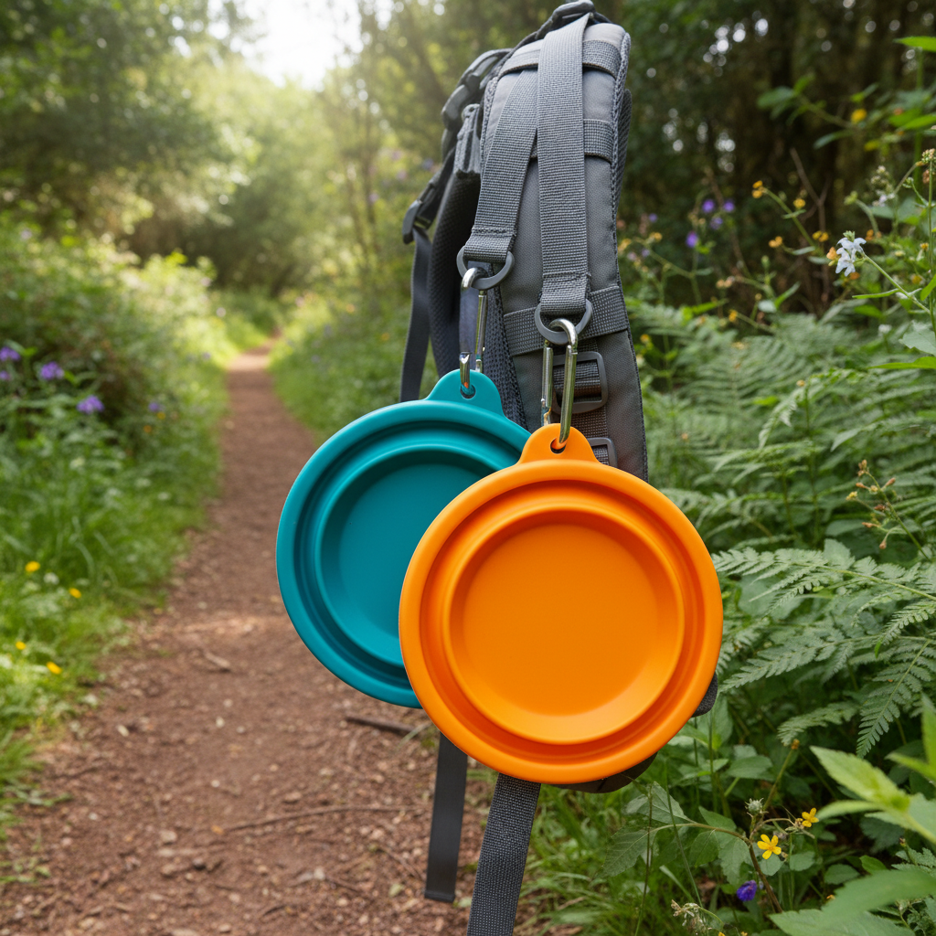 Two colorful collapsible silicone dog bowls clipped to a backpack strap on a trail