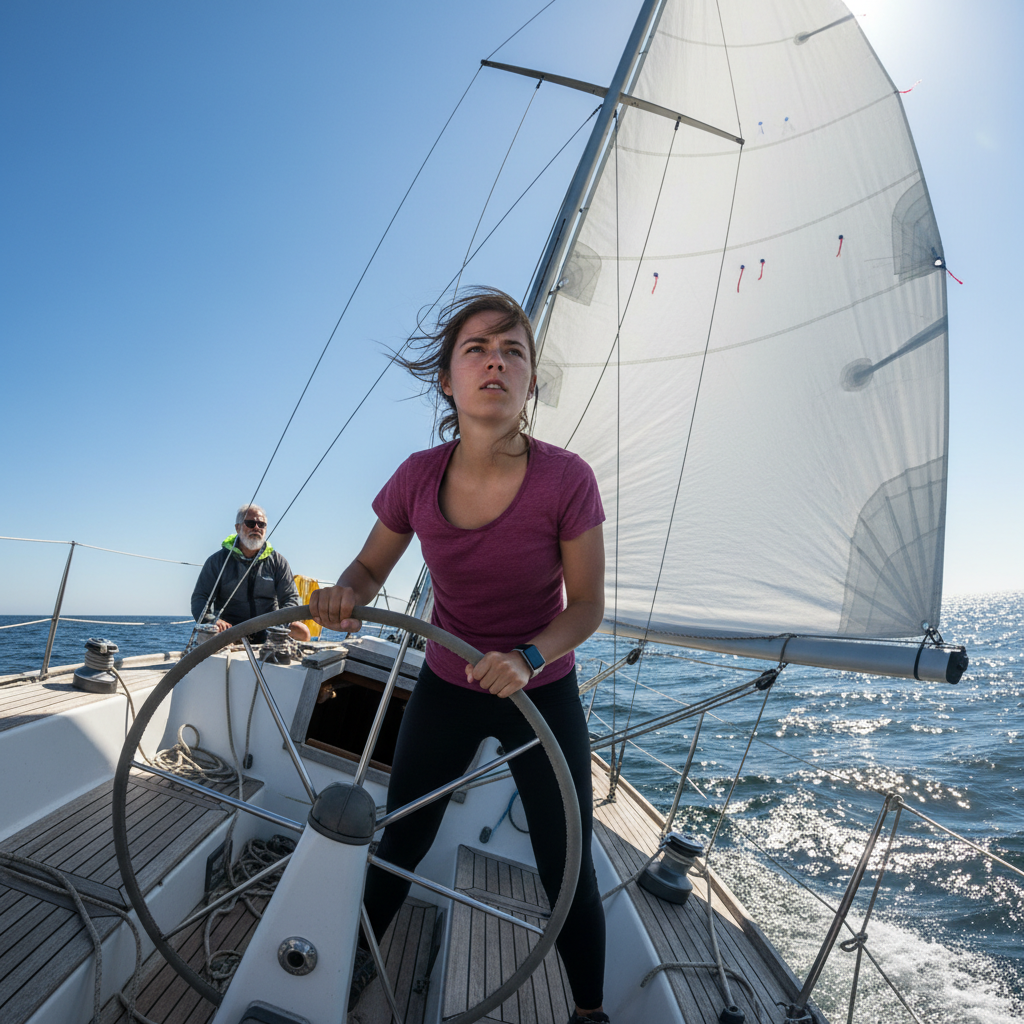 Student at the helm of a sailboat with instructor watching from cockpit, blue sky overhead