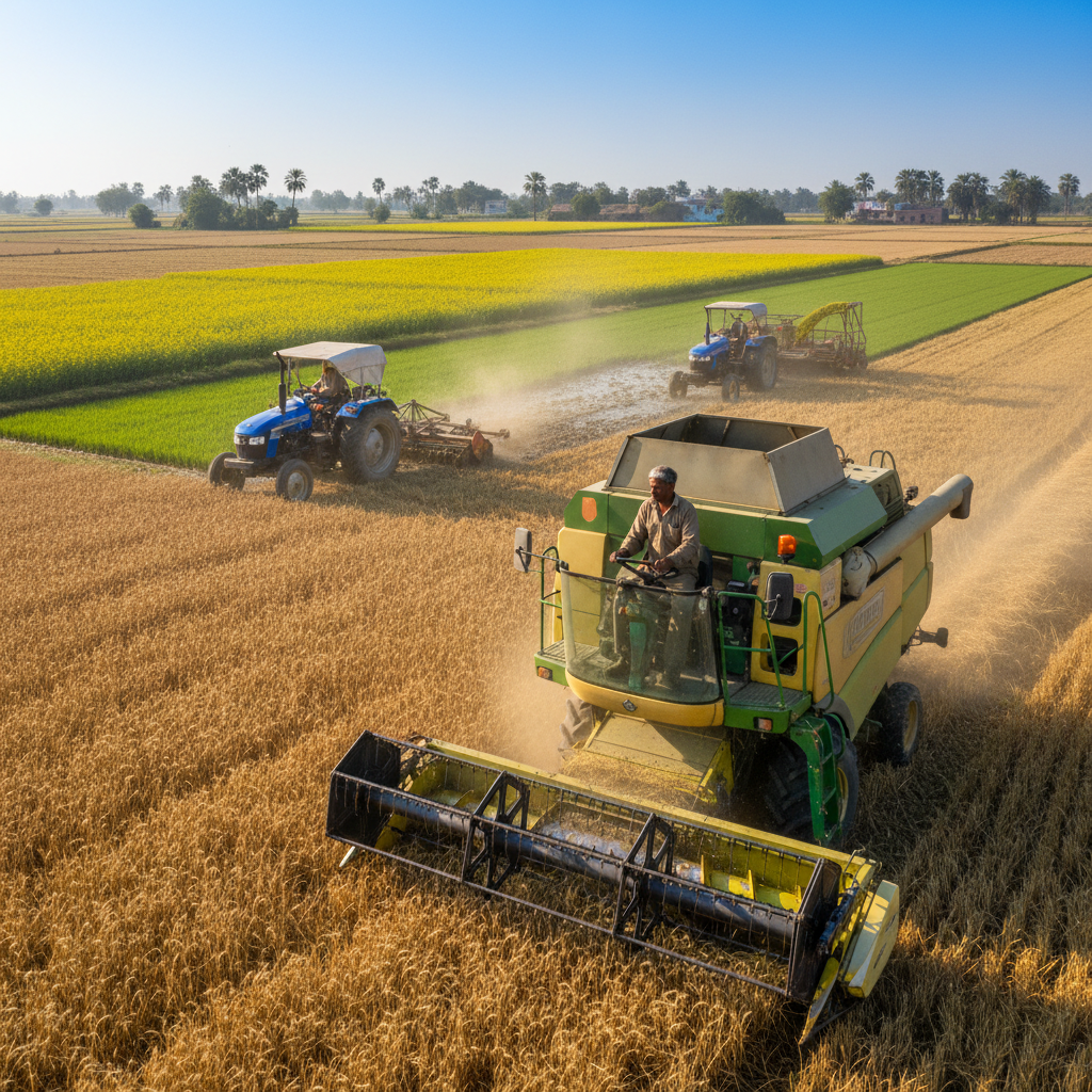 Indian farmer working in green wheat field during harvest season in bright sunlight