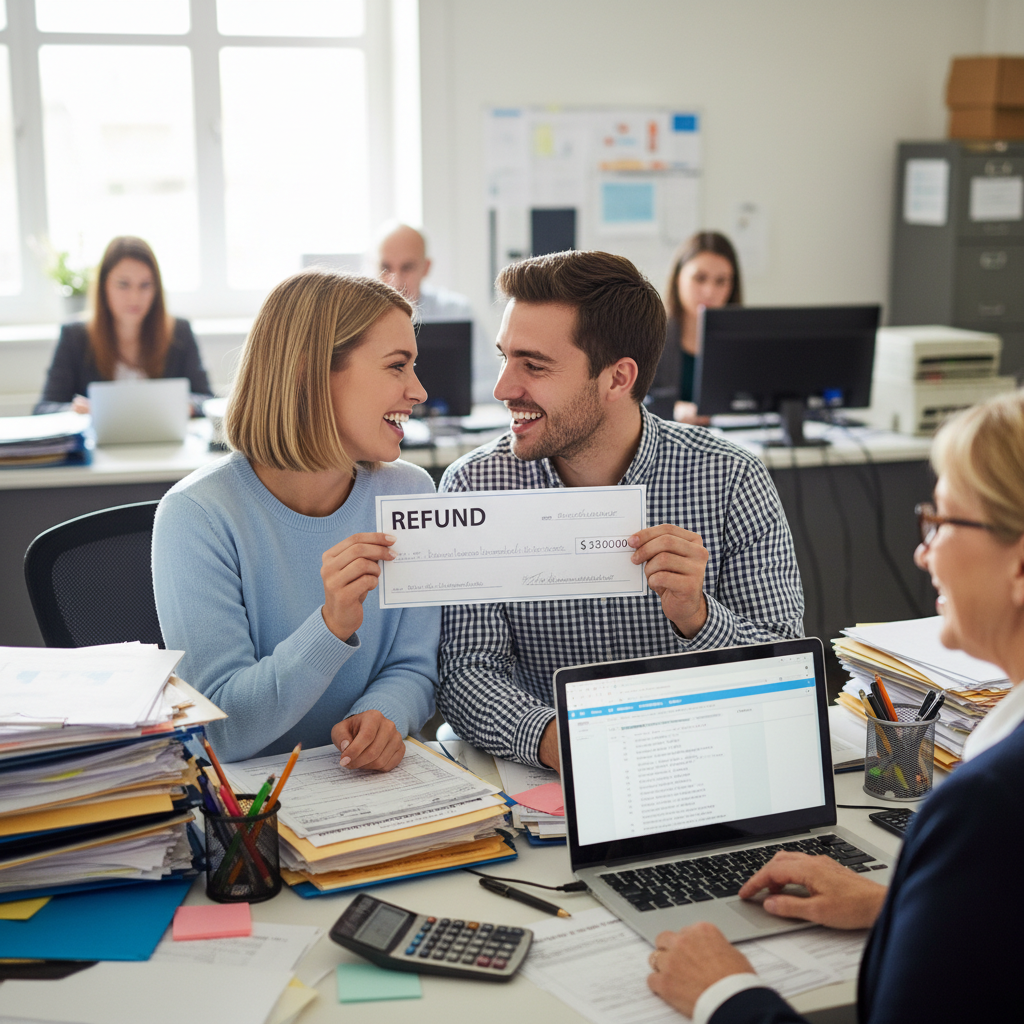 Young couple celebrating refund check at tax preparation desk