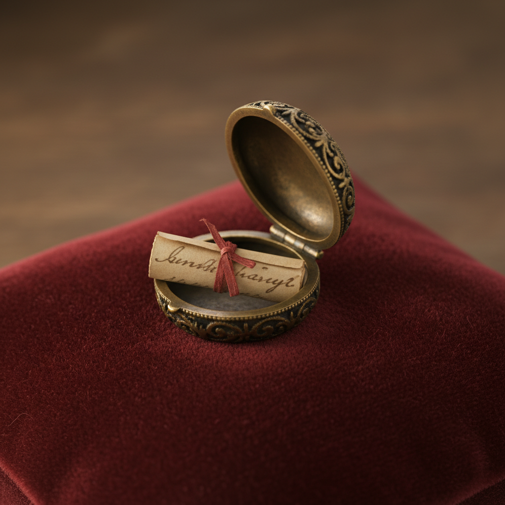 Ornate antique brass ring with compartment lid open showing tiny rolled parchment scroll inside, on velvet