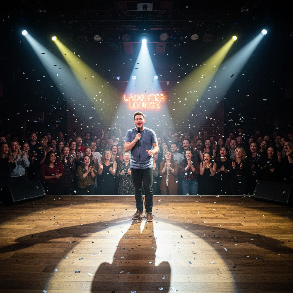 Stand-up comedian performing under bright spotlight on dark stage, microphone in hand, crowd laughing in background