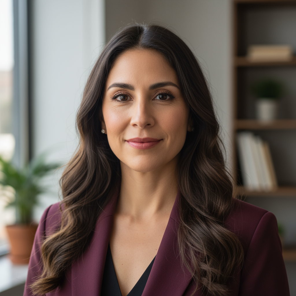 Professional headshot of Jennifer Rodriguez, CCO with long dark hair in burgundy blazer with confident expression
