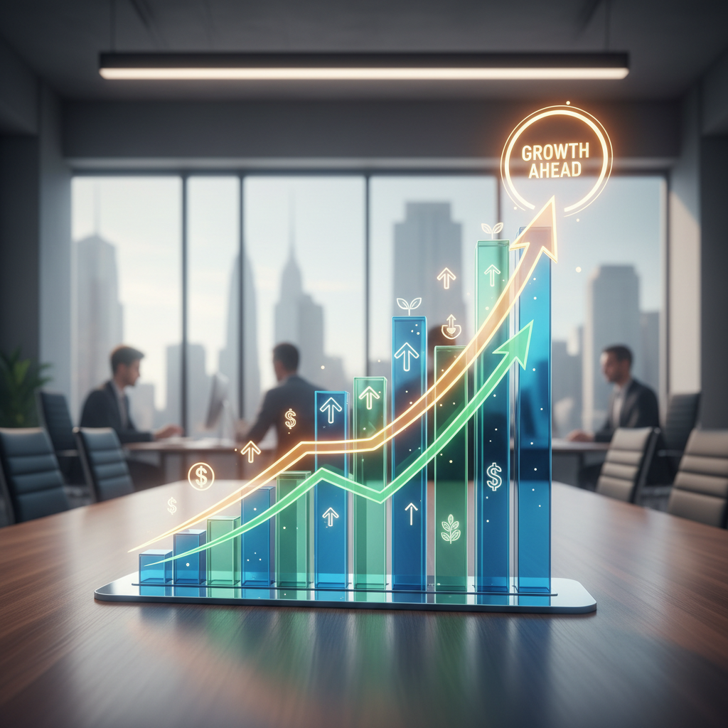 Business growth charts on laptop screen, professional desk setup, bright modern office, upward trending data
