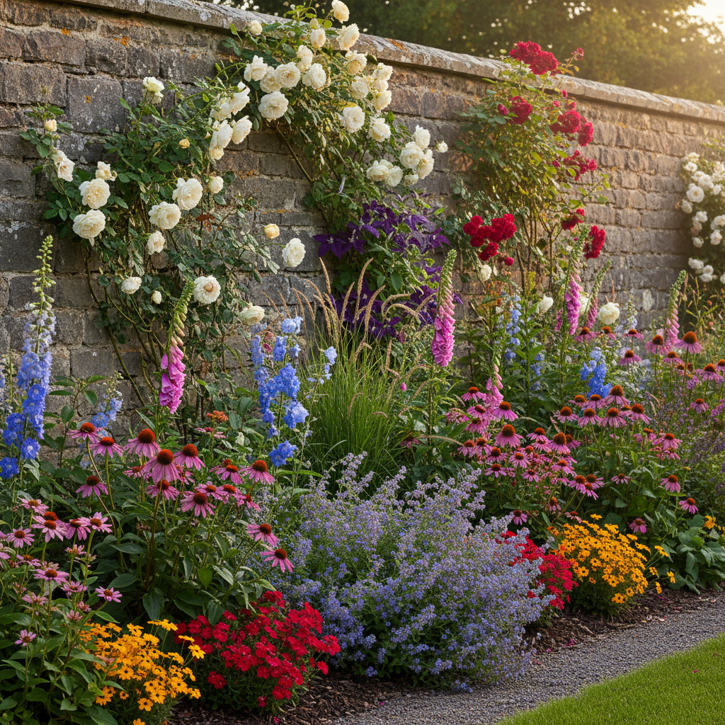 Lush planting border in full summer bloom with layered perennials, ornamental grasses, and climbing roses against a stone wall