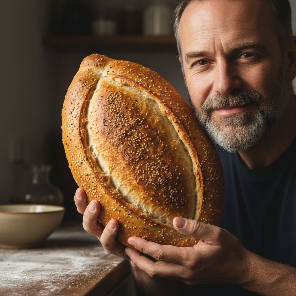 American man in his 40s holding a freshly baked pide loaf