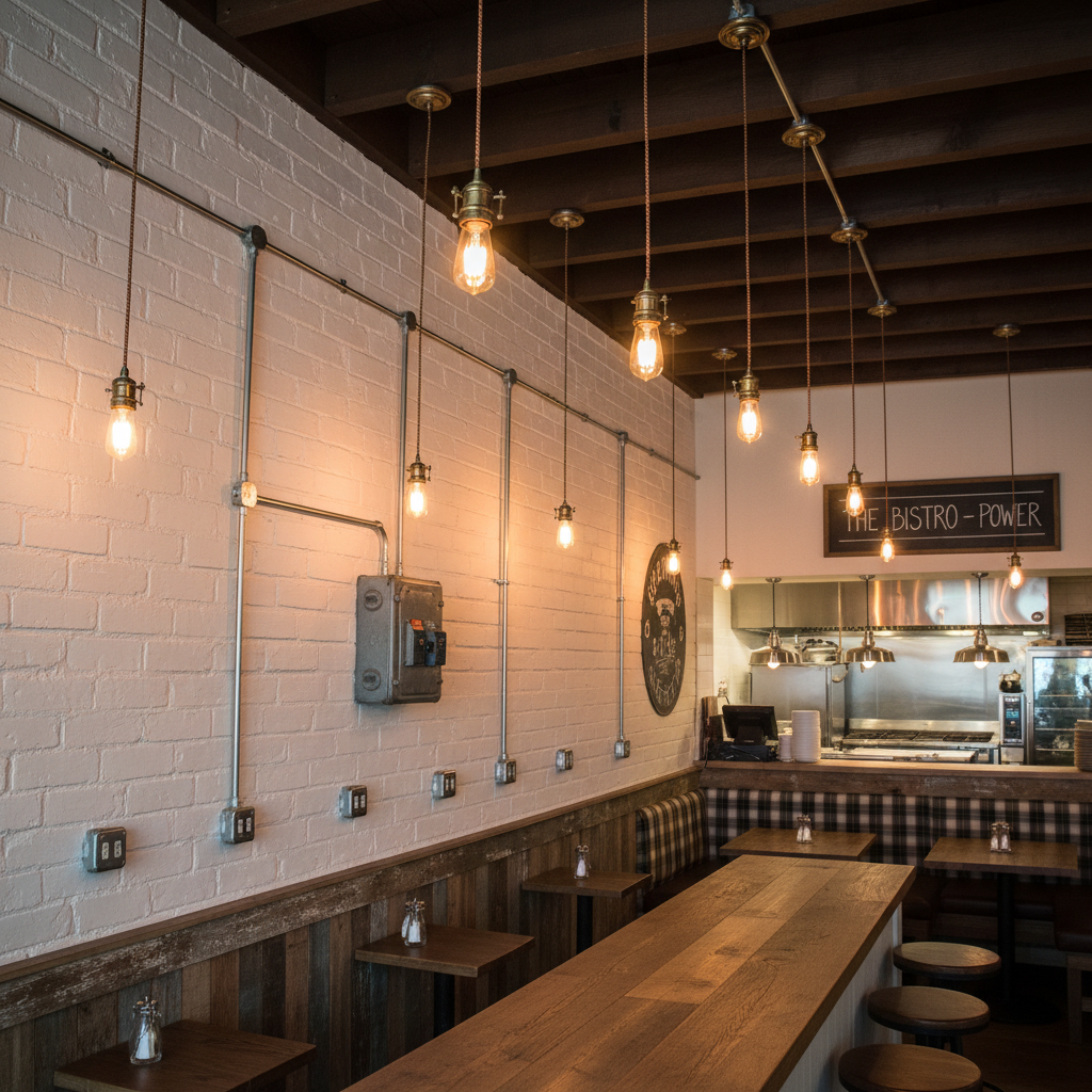 Industrial restaurant interior at night, dim warm Edison lighting, exposed brick, dark atmospheric ambiance
