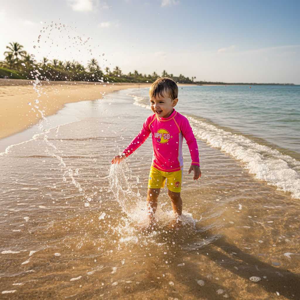 Bright colorful children's UPF50 rashguard and swim shorts set in tropical colors