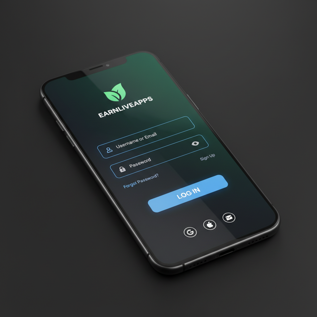 Mobile phone showing EarnLiveApps login interface with secure authentication