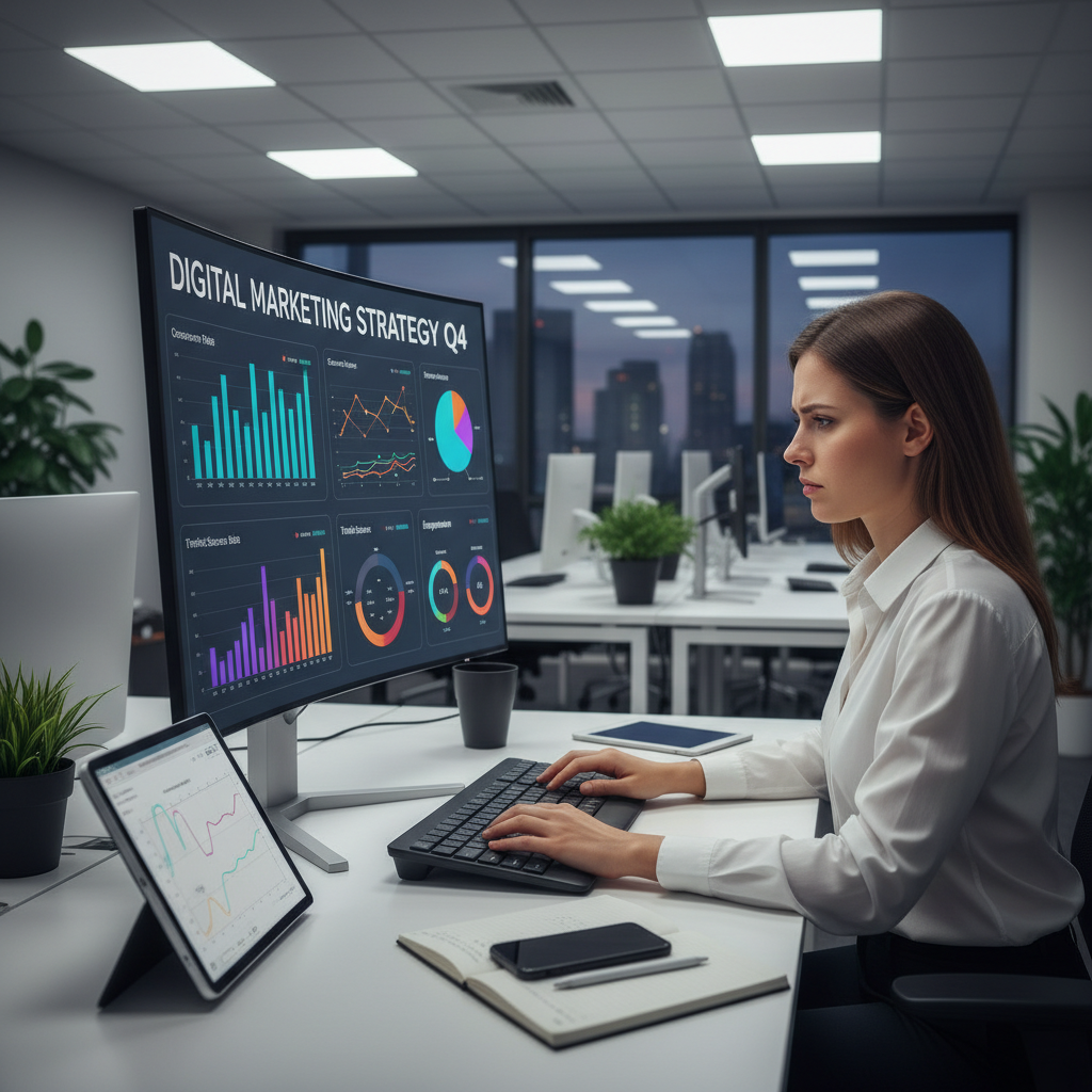 Digital advertising campaign setup, marketing strategy planning on laptop, colorful data visualization