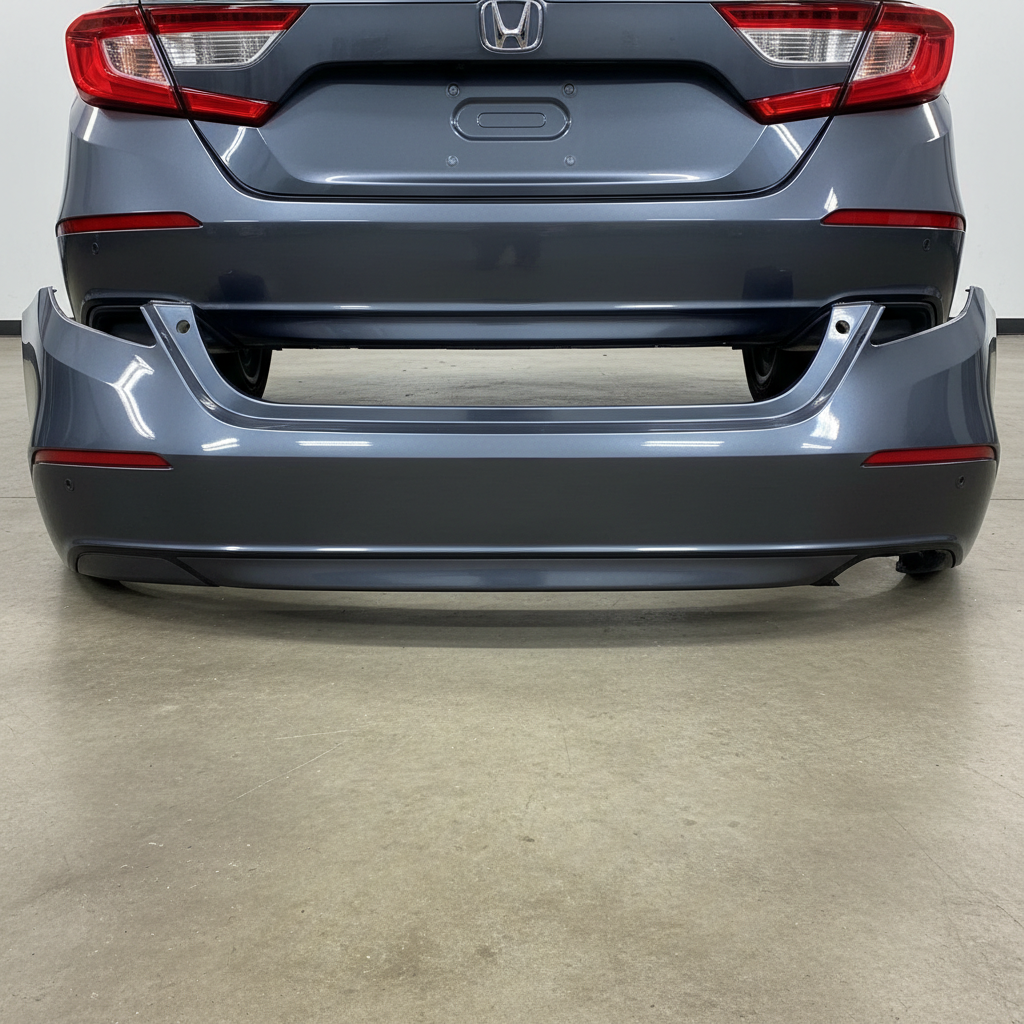 Repaired Honda Accord rear bumper reflecting overhead light evenly, seamless color match with surrounding panels