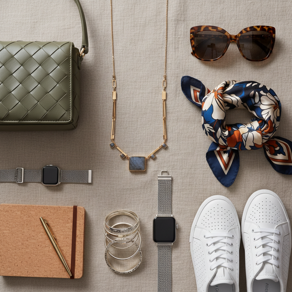 Trendy accessories flatlay including bags and sunglasses on light background, bright and colorful