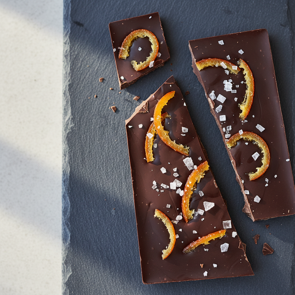 Dark chocolate bark with spices and dried orange slices on rustic wooden surface
