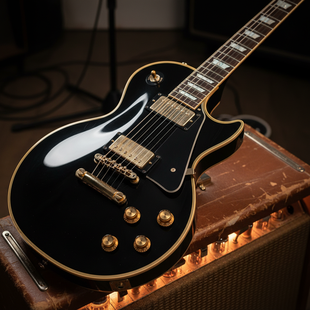 Gibson Les Paul Custom electric guitar in ebony finish leaning against vintage amp