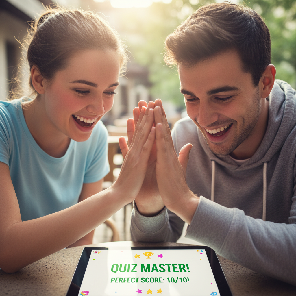 Two friends high-fiving over a shared tablet screen showing a quiz result