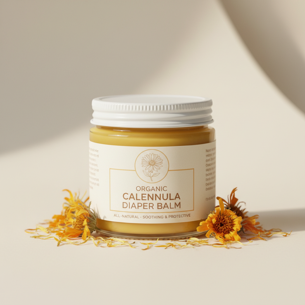 Glass jar of organic calendula diaper balm with calendula flowers around it