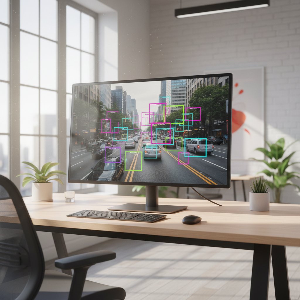Computer vision object detection visualization on bright screen with bounding boxes