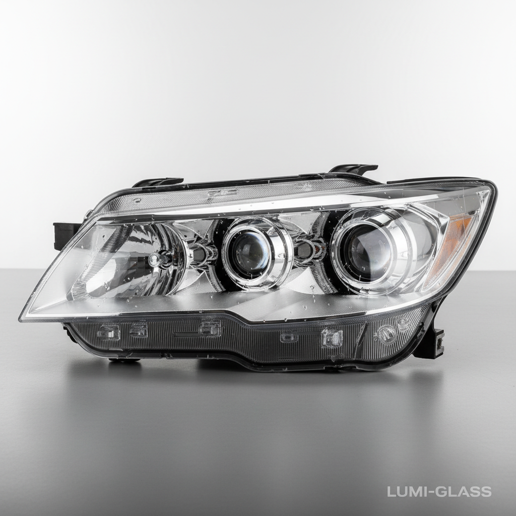 Crystal-clear polished headlight lens after professional restoration, bright and transparent surface reflecting crisp light with perfect clarity