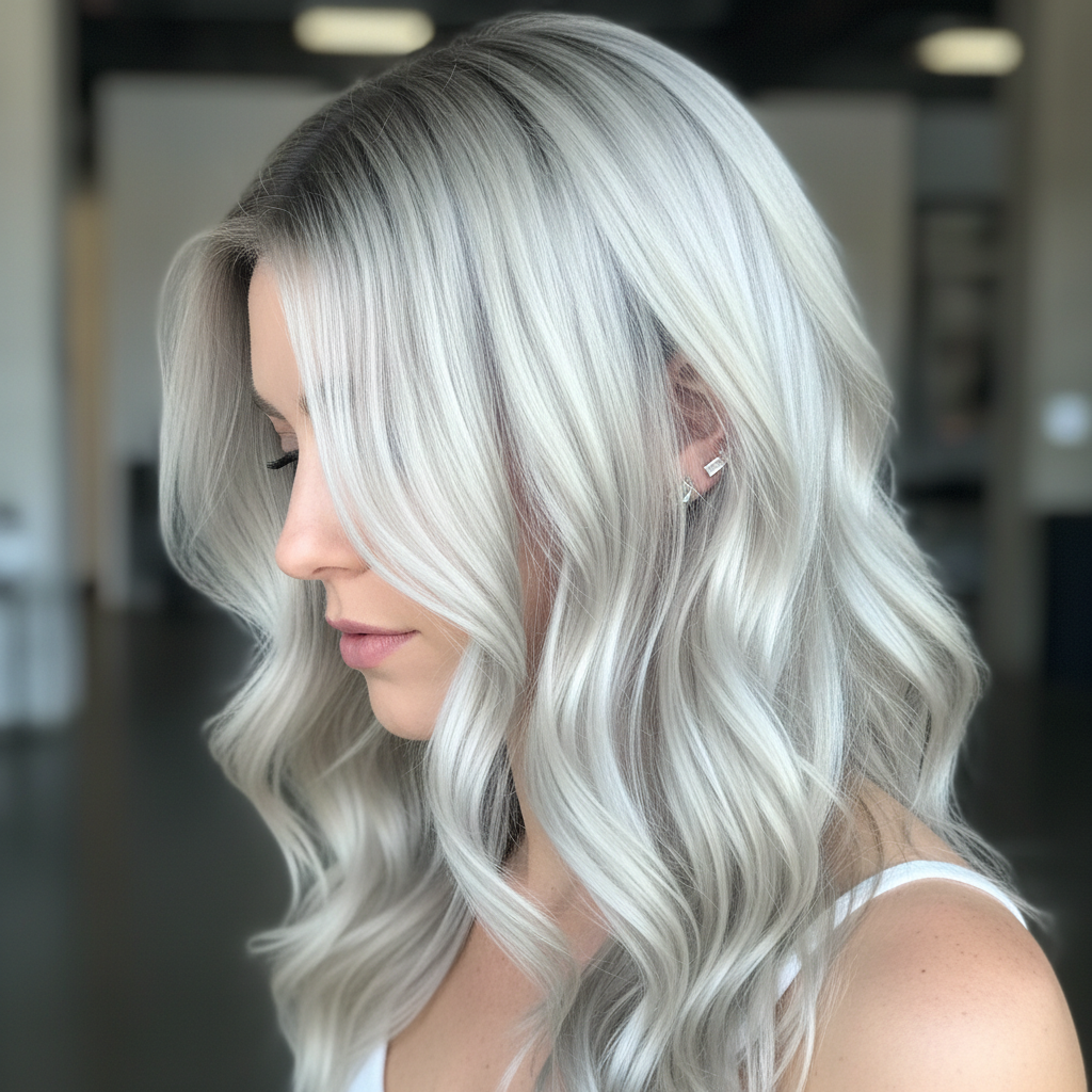 Platinum blonde with cool tones and high-contrast root shadow