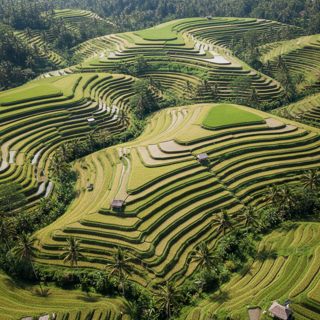 Balinese villa with traditional architecture and lush rice field views surrounded by tropical gardens in Ubud Bali