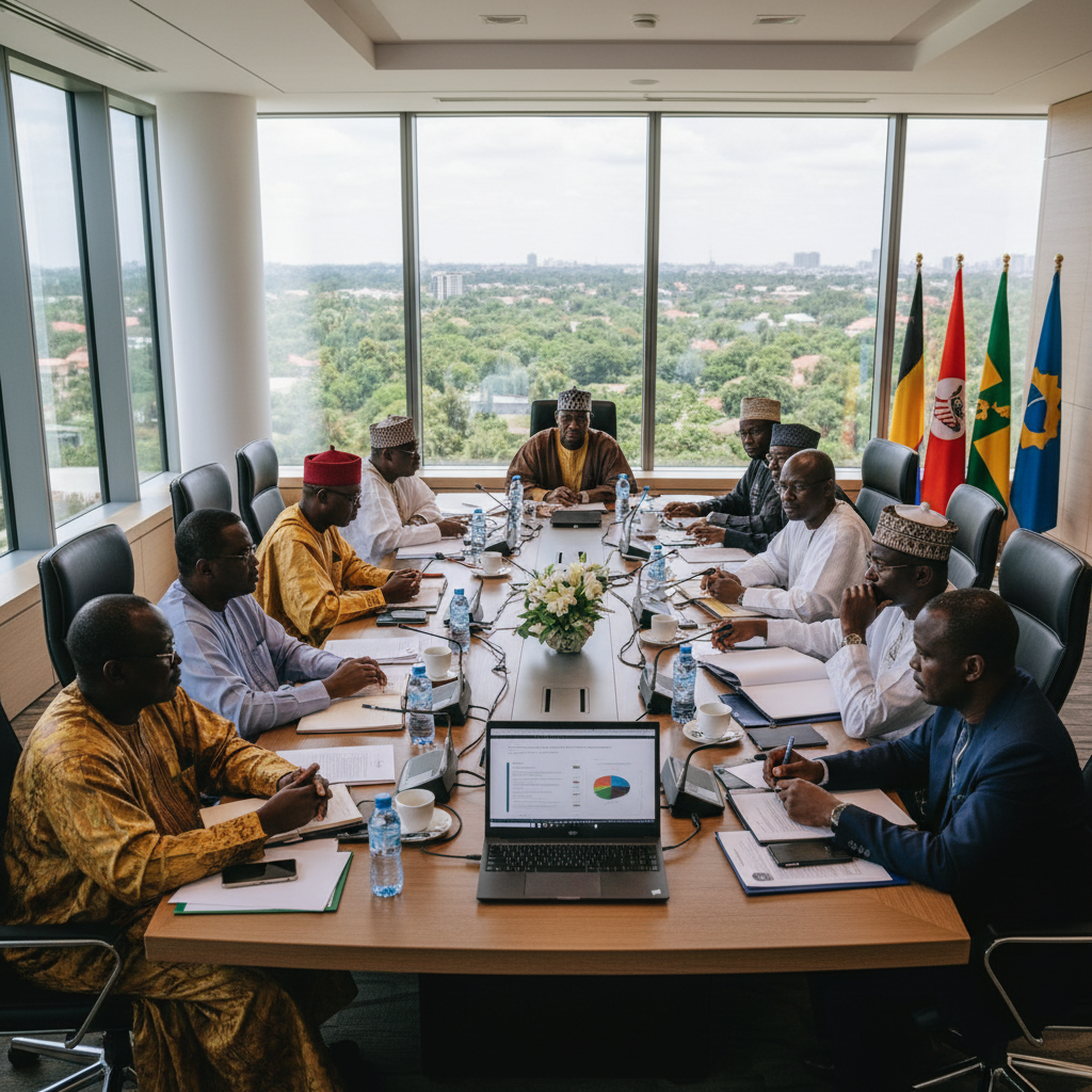 Delegates seated at a formal economic summit table with African flags