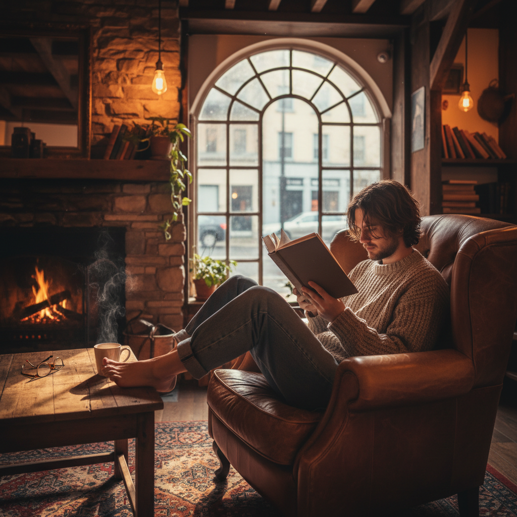 Cream leather armchair in dark moody corner with deep shadow and single warm spotlight, dim atmospheric background