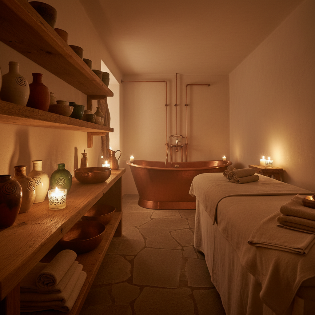 Spa treatment room with natural stone decor and African botanical products