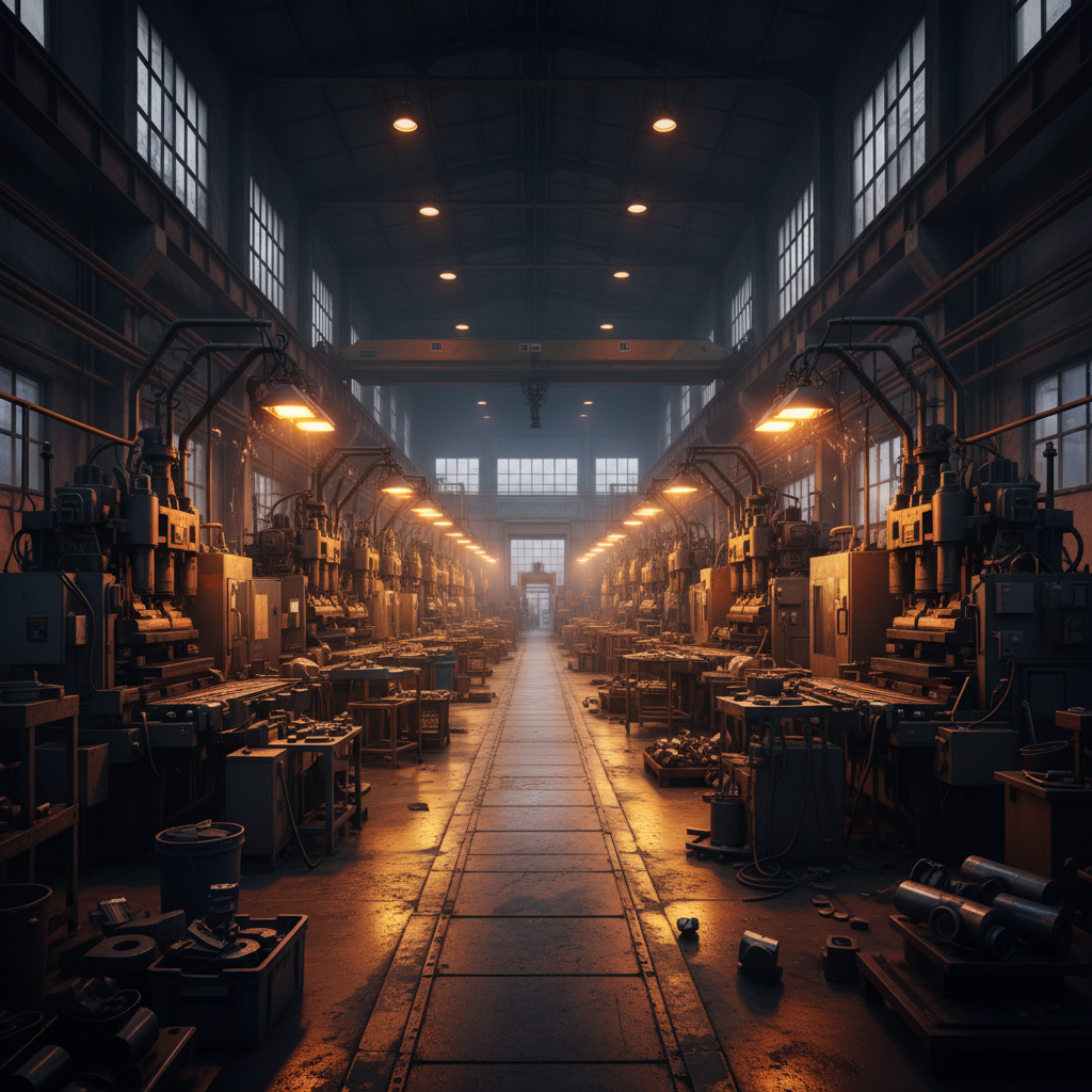 Pre-dawn factory interior with amber work lights illuminating assembly line equipment