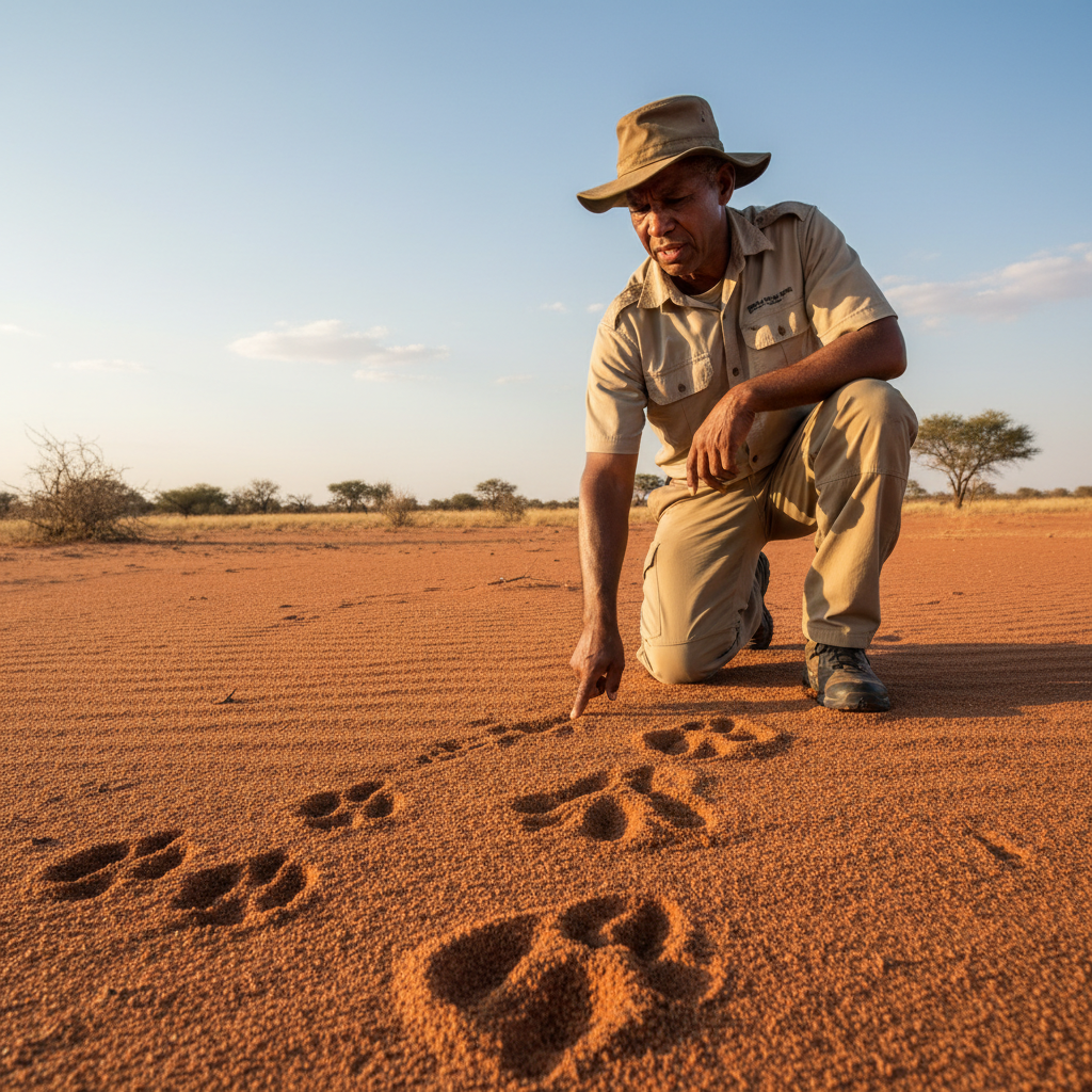 Safari guide explaining wildlife tracks to a small group in the South African bush