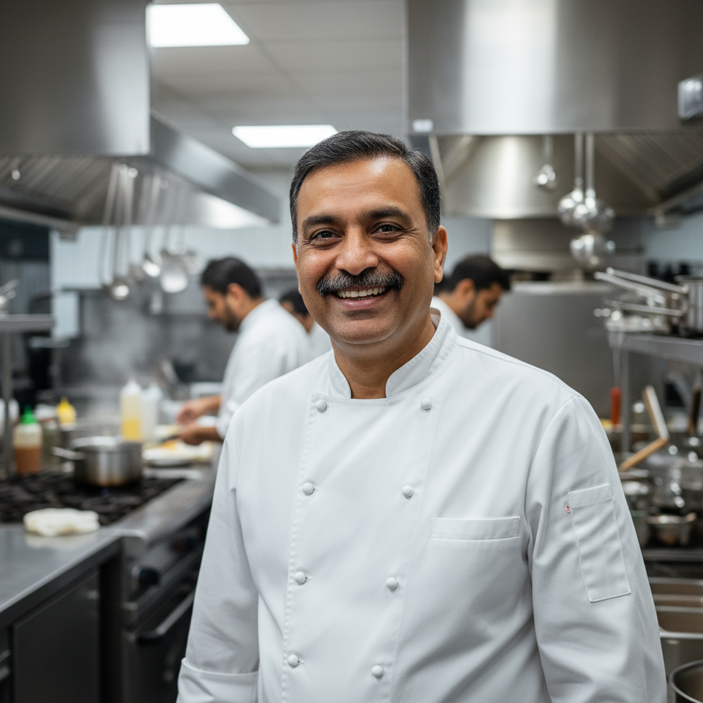 Middle-aged Indian man in apron holding a blade, smiling at camera