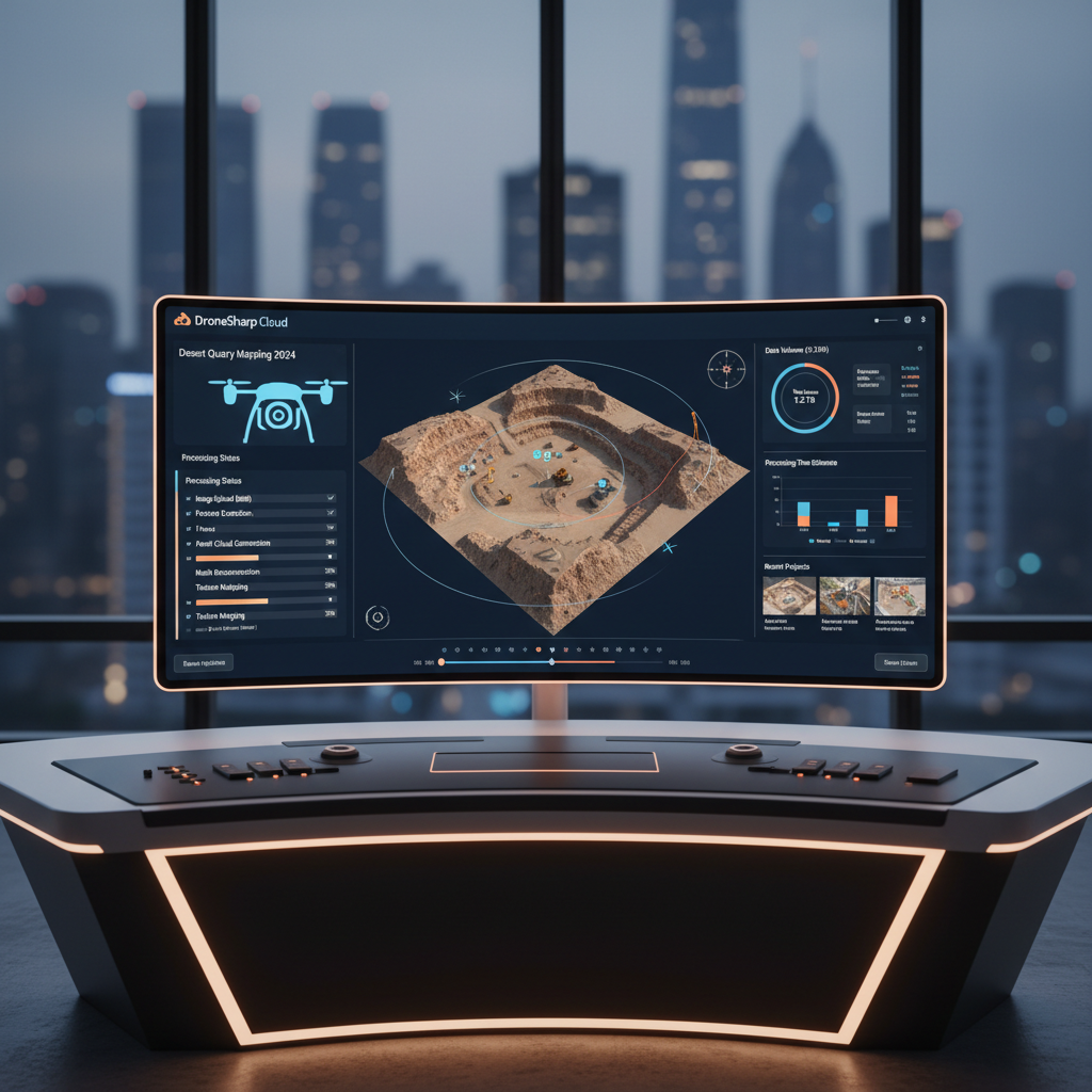 DroneSharp Cloud project dashboard showing photogrammetry processing status and 3D model preview